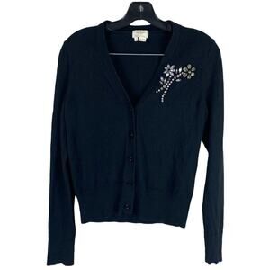 Kate Spade Black Silver Embellished Brooch Wool Blend Sweater Cardigan Size S